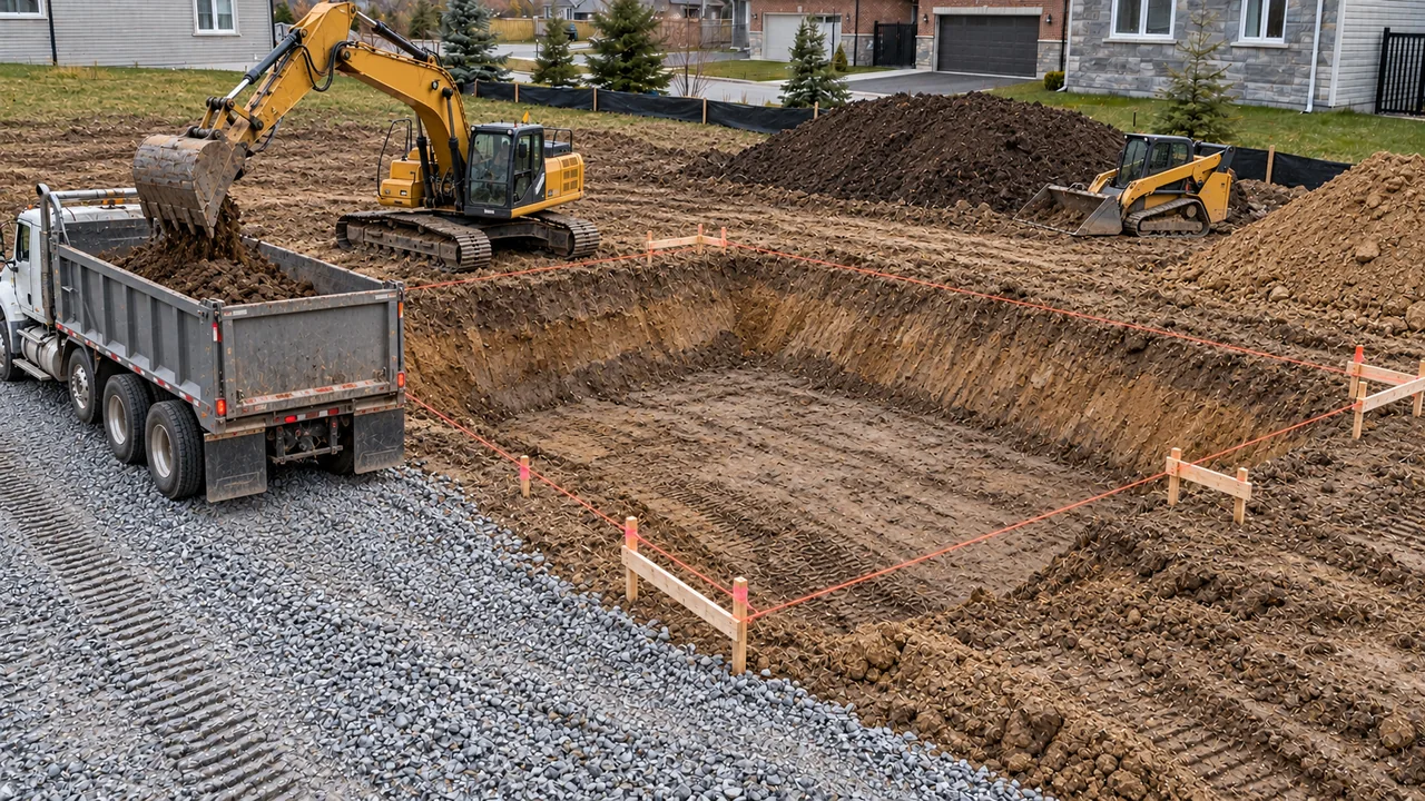 Excavation du sous-sol avec excavatrice, camion-benne, chargeuse compacte et sols mis en réserve
