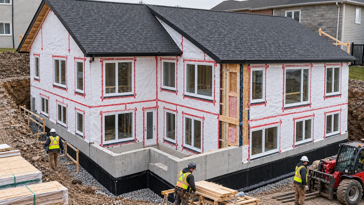 Maison hors d’eau avec membrane, fenêtres et toiture