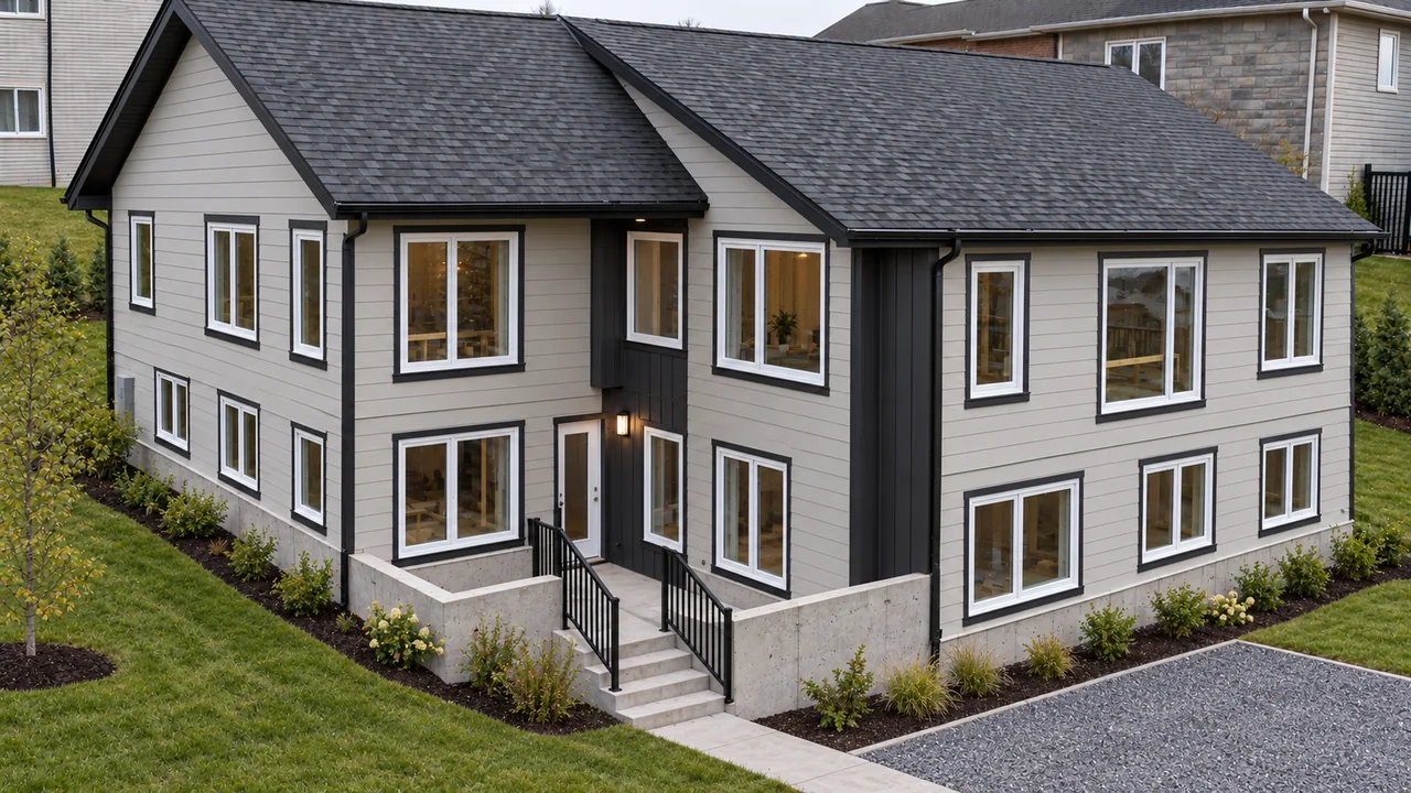 Maison témoin terminée avec revêtement et aménagement extérieur