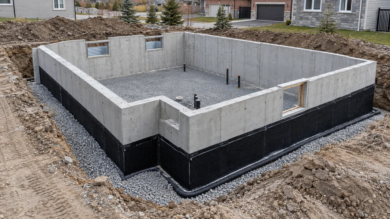 Fondations en béton, drainage et pierre nette de la maison témoin
