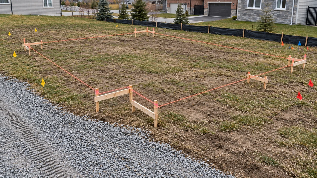 Terrain implanté avec cordeaux, repères d’arpentage, accès de chantier et contrôle des sédiments
